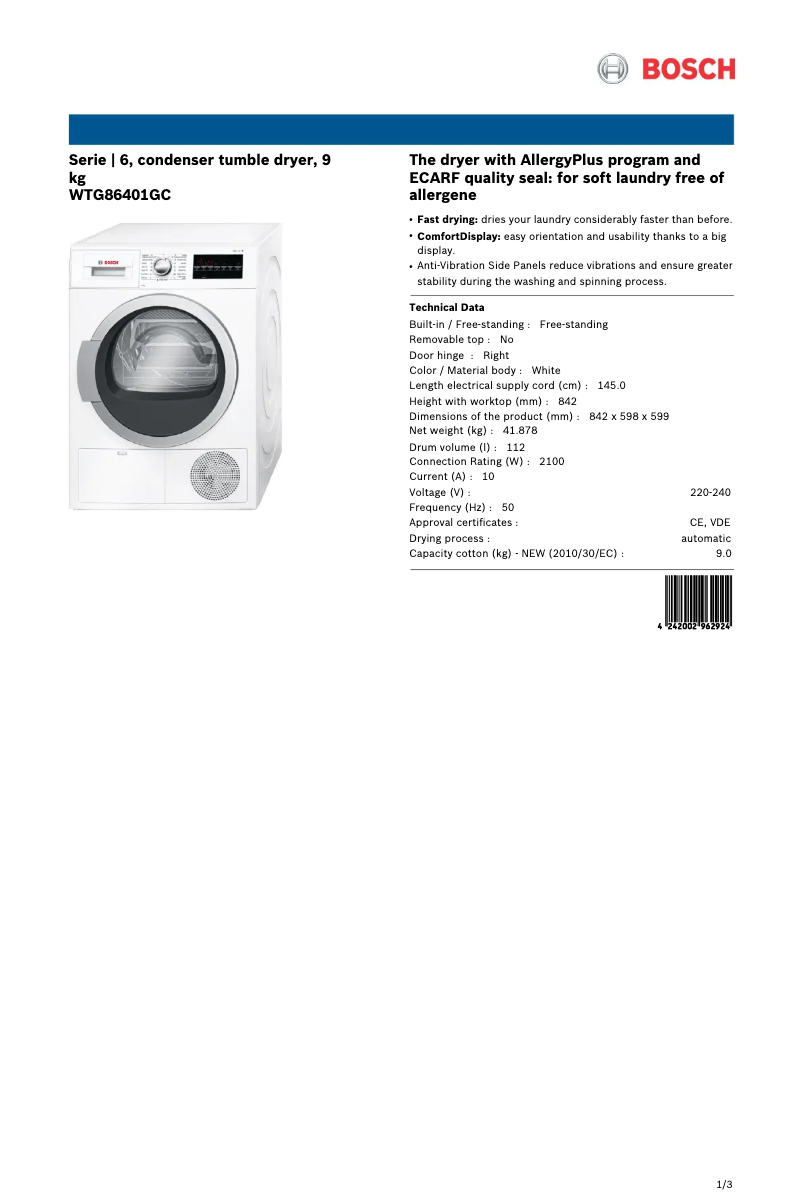 Página 1 del manual Ficha técnica Bosch WTG86401GC