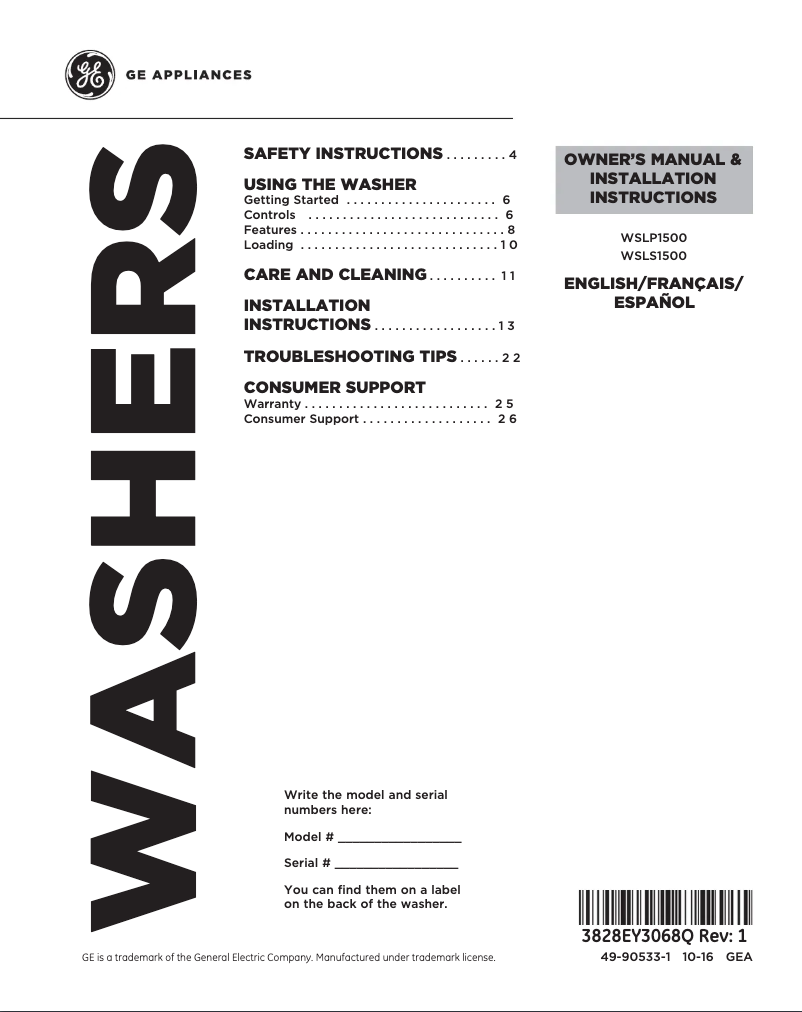 Page 1 of the manual Use and Maintenance Manual GE WSLP1500HWW