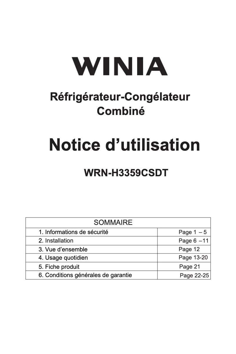 Page 1 de la notice Manuel utilisateur Winia WRN-H3359CS