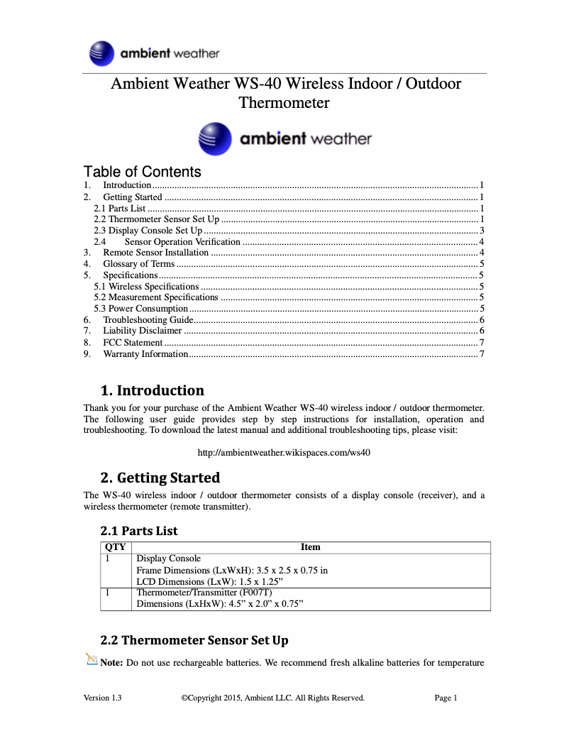 Page 1 de la notice Manuel utilisateur Ambient Weather WS-40