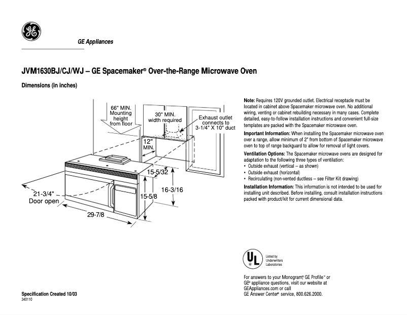 Página 1 del manual Ficha técnica GE JVM1630CJ