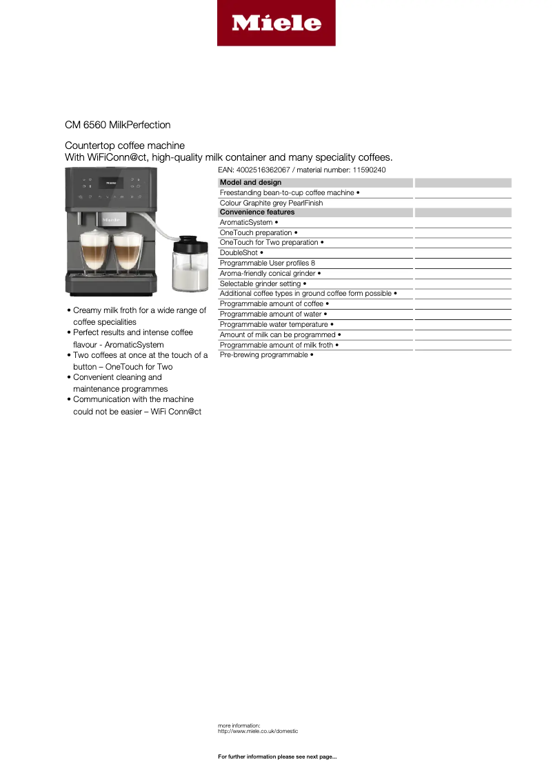 Página 1 del manual Ficha técnica Miele MilkPerfection CM 6560