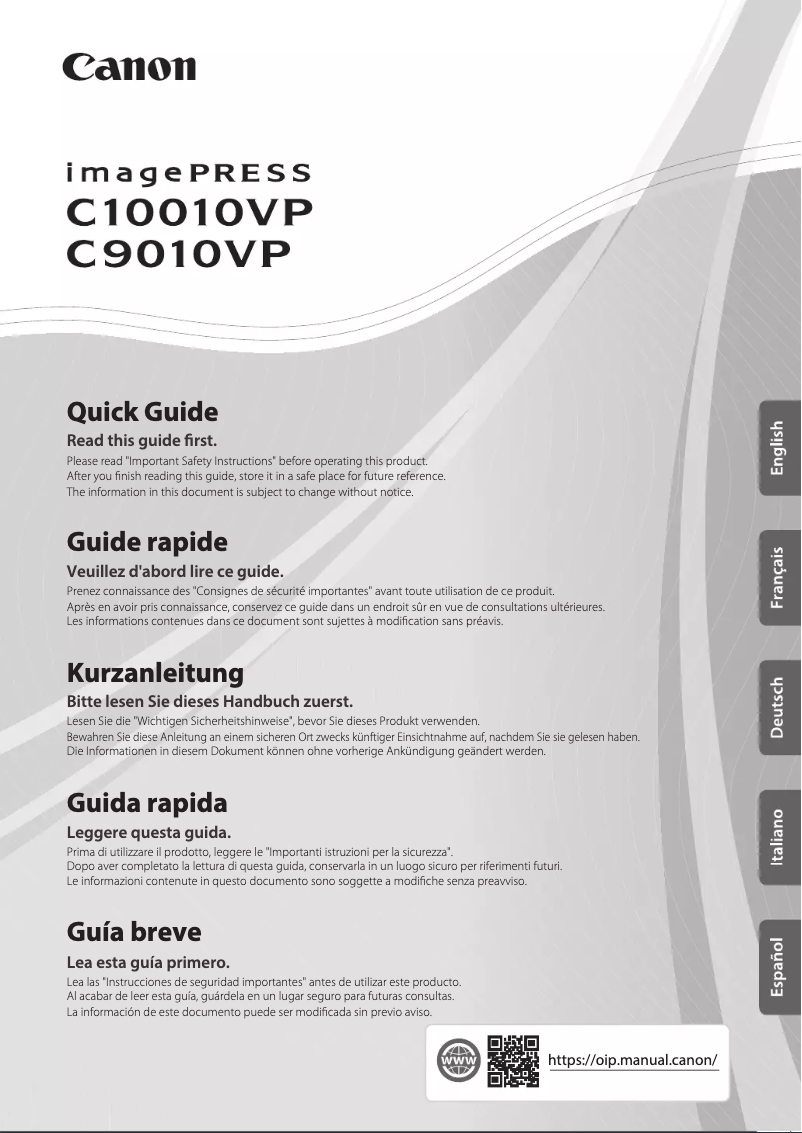 Page 1 de la notice Manuel utilisateur Canon imagePRESS C9010VP