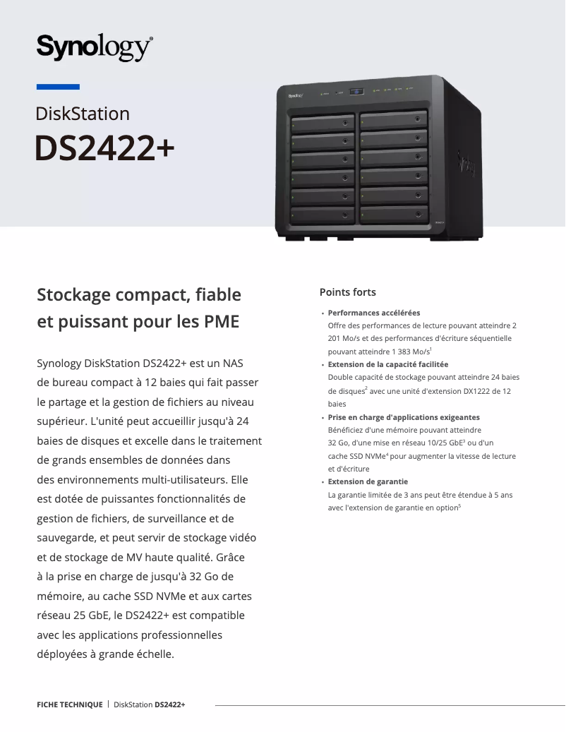 Page 1 de la notice Fiche technique Synology DiskStation DS2422+