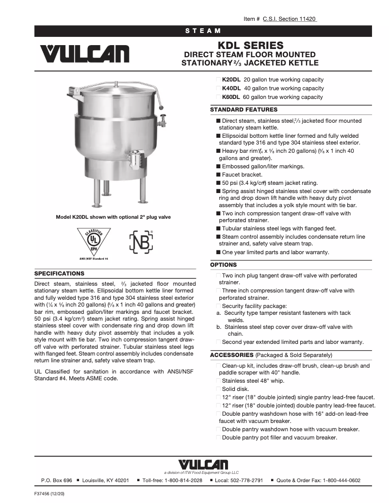 Page 1 de la notice Fiche technique Vulcan K20DL
