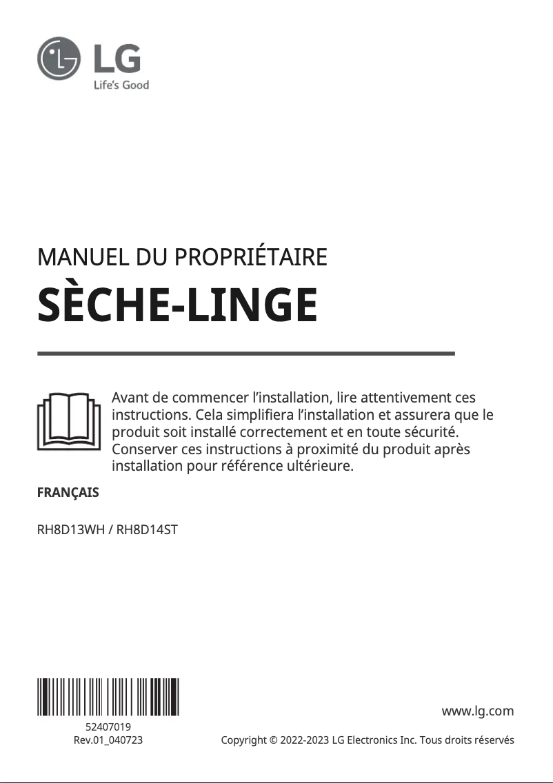 Page 1 de la notice Manuel utilisateur LG RH8D14ST