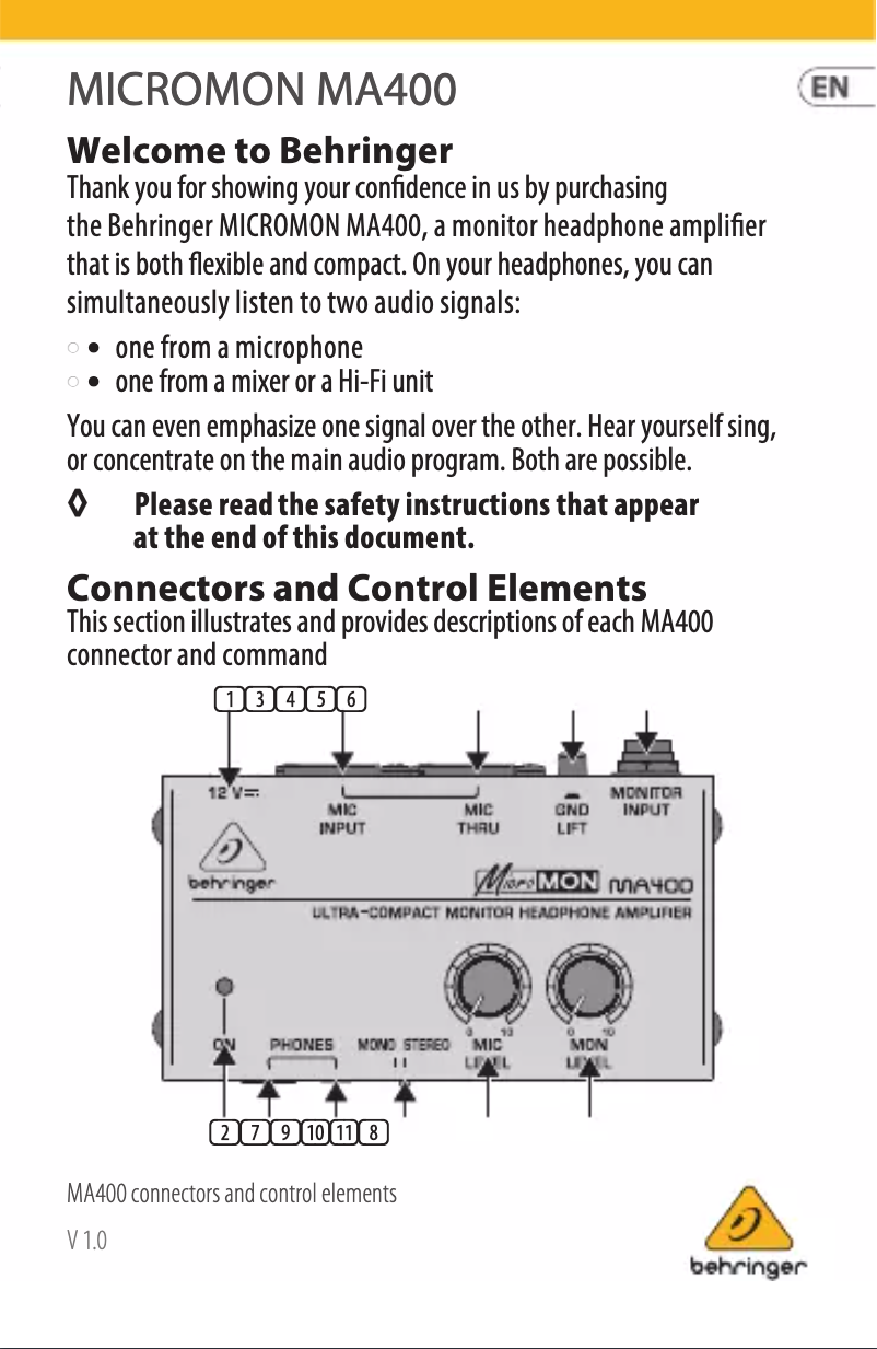 Page 1 de la notice Manuel utilisateur Behringer MicroMON MA400