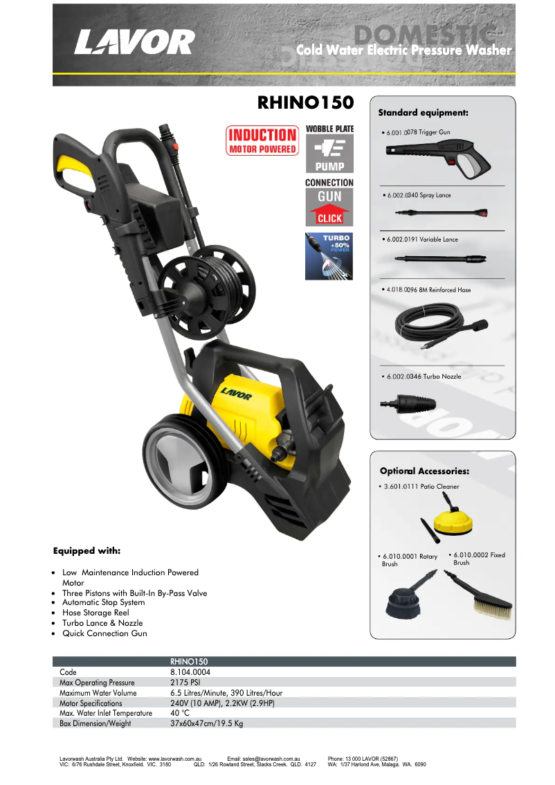 Page 1 de la notice Fiche technique Lavorwash Rhino