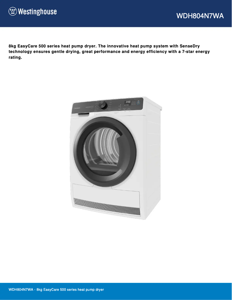 Página 1 del manual Ficha técnica Westinghouse WDH804N7WA
