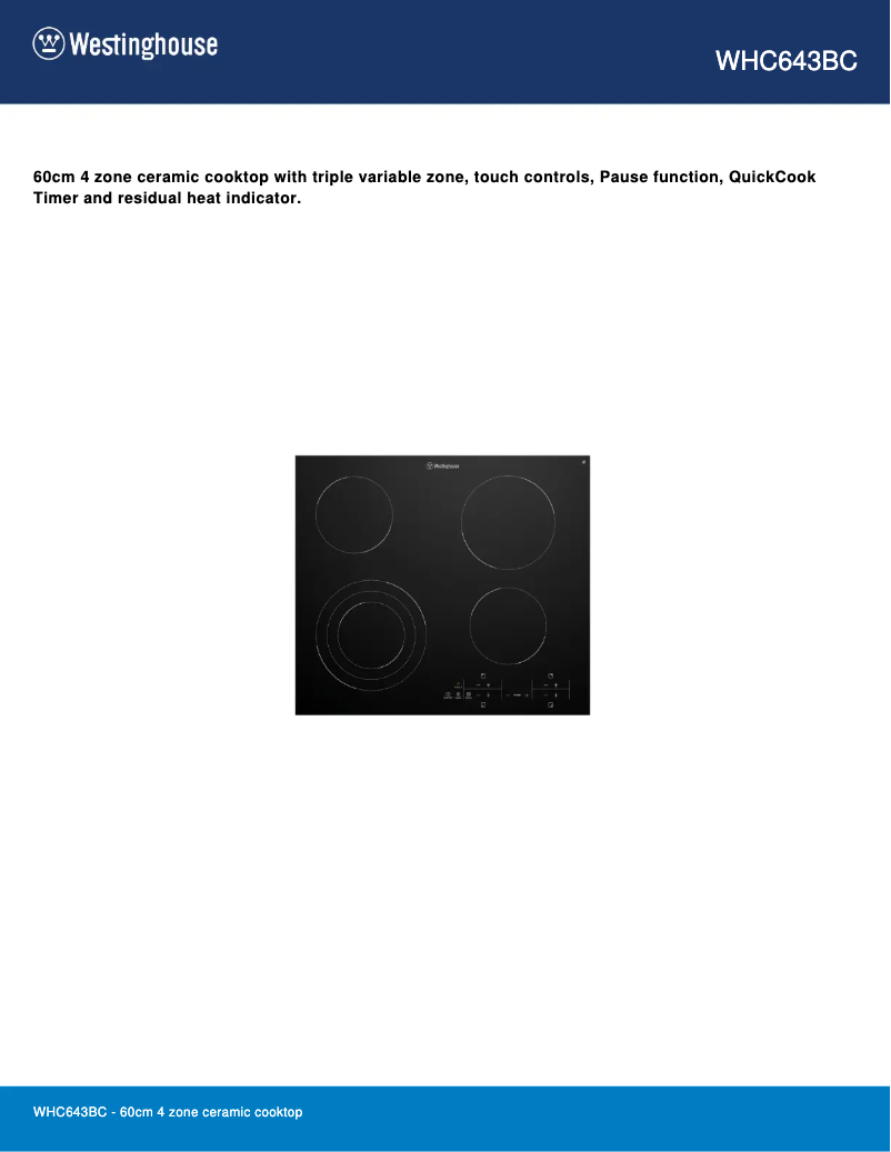 Page 1 de la notice Fiche technique Westinghouse WHC643BC