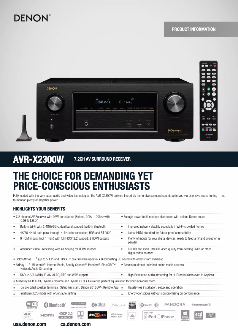 Page 1 de la notice Fiche technique Denon AVR-X2300W