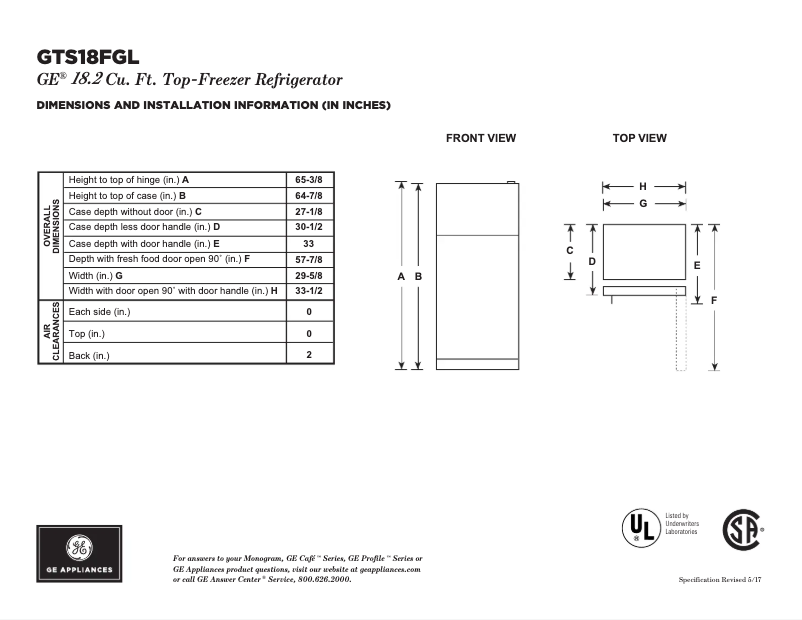 Page 1 de la notice Fiche technique GE GTS18FGLWW