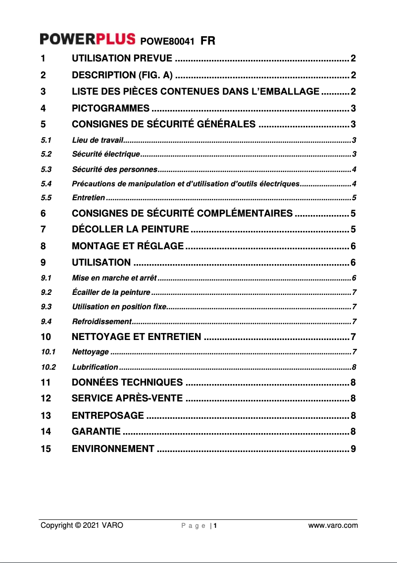 Page 1 de la notice Manuel utilisateur PowerPlus POWE80041