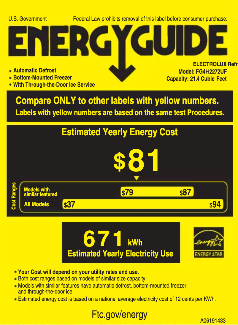 Page 1 de la notice Label énergétique Frigidaire FG4H2272UF