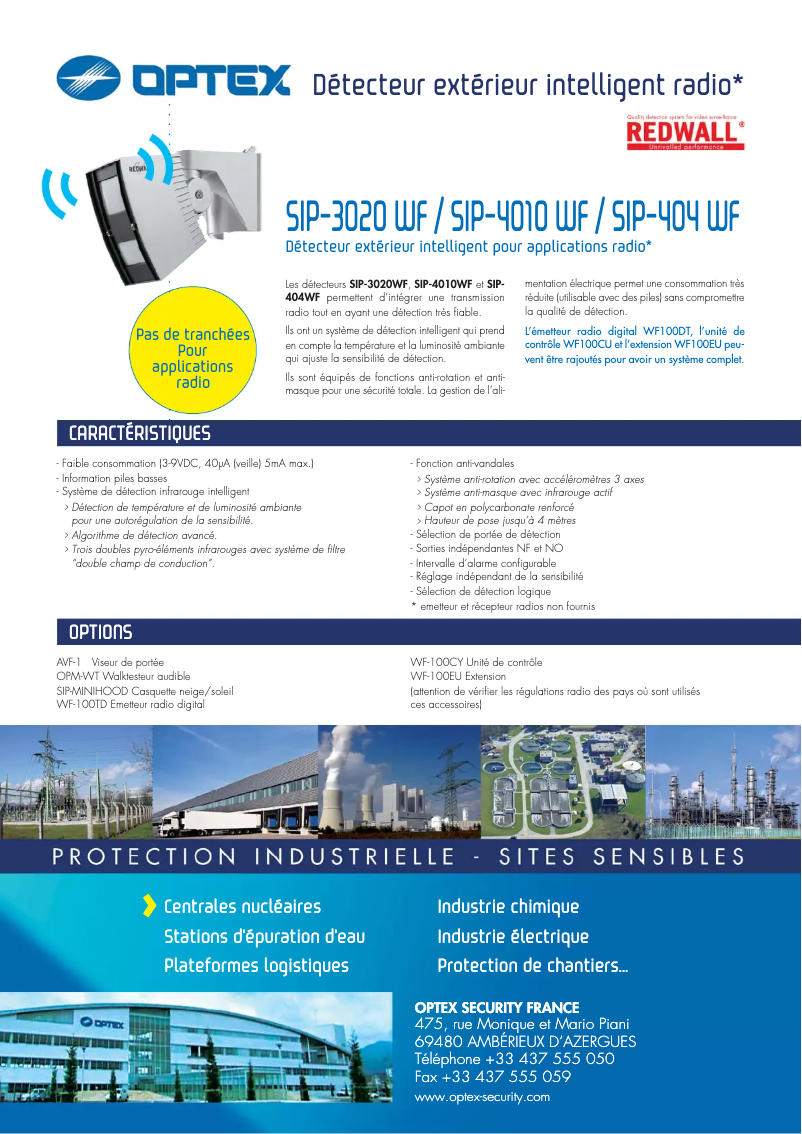 Page 1 de la notice Fiche technique Optex SIP-4010WF