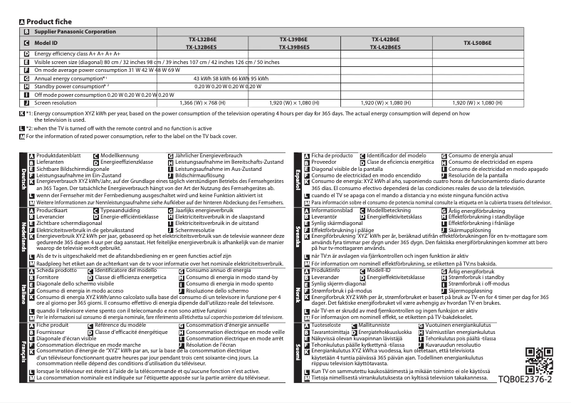 Page 1 de la notice Fiche technique Panasonic Viera TX-L39B6E