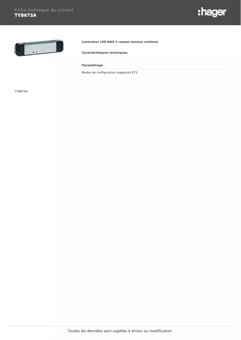 Page 1 de la notice Fiche technique Hager TYB673A