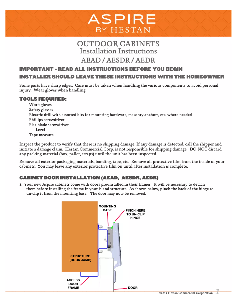 Page 1 de la notice Guide d'installation Hestan AEAD36