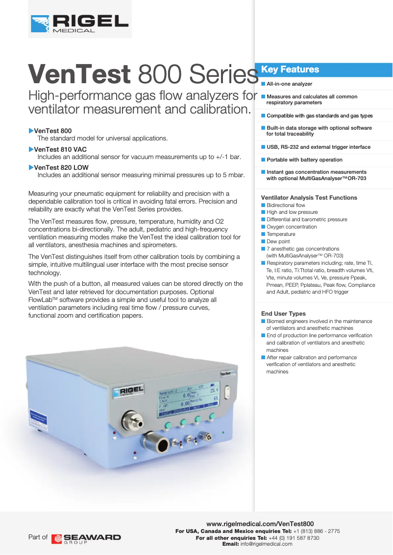 Page 1 de la notice Fiche technique Rigel Medical VenTest 800