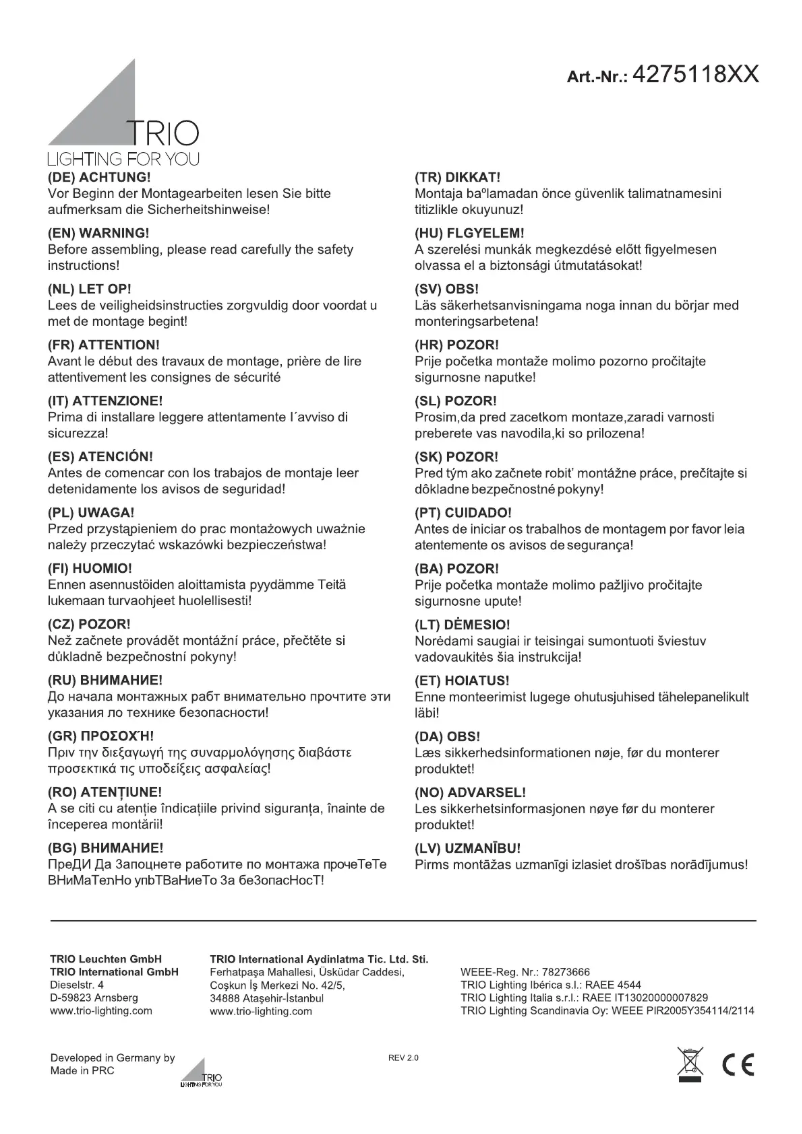 Page 1 de la notice Manuel utilisateur Trio Lighting Shanghai 427511801