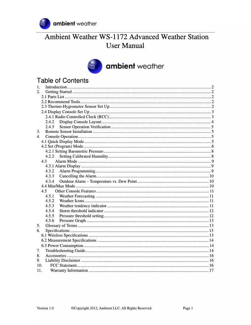 Page 1 de la notice Manuel utilisateur Ambient Weather WS-1172