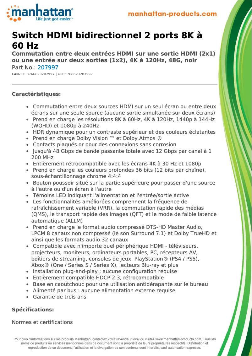 Page 1 de la notice Fiche technique Manhattan 207997