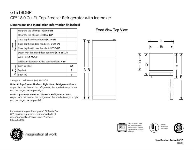 Page 1 de la notice Fiche technique GE GTS18DBPRWW