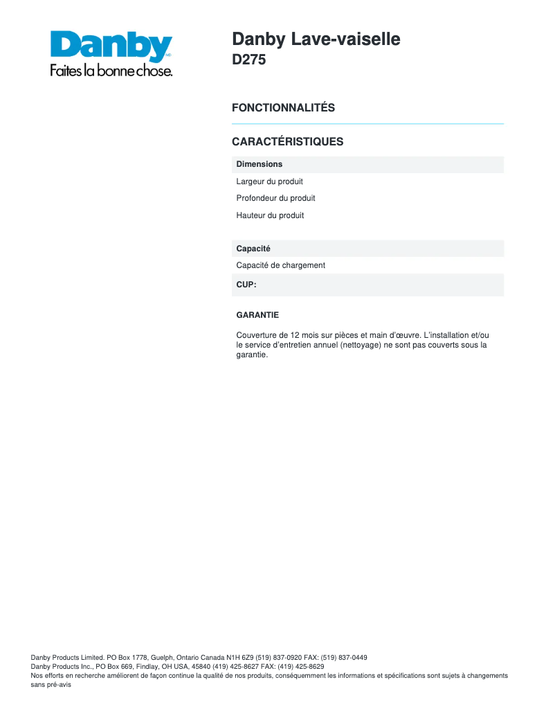 Page 1 de la notice Manuel utilisateur Danby D275