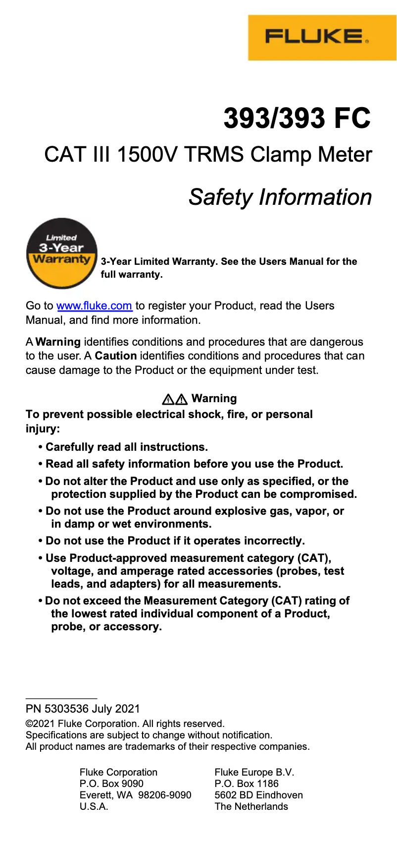 Page 1 of the manual Safety Instructions Fluke 393 FC