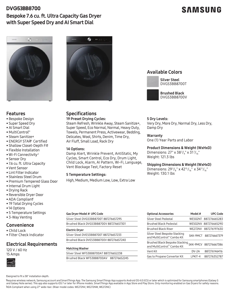 Página 1 del manual Ficha técnica Samsung DVG53BB8700V