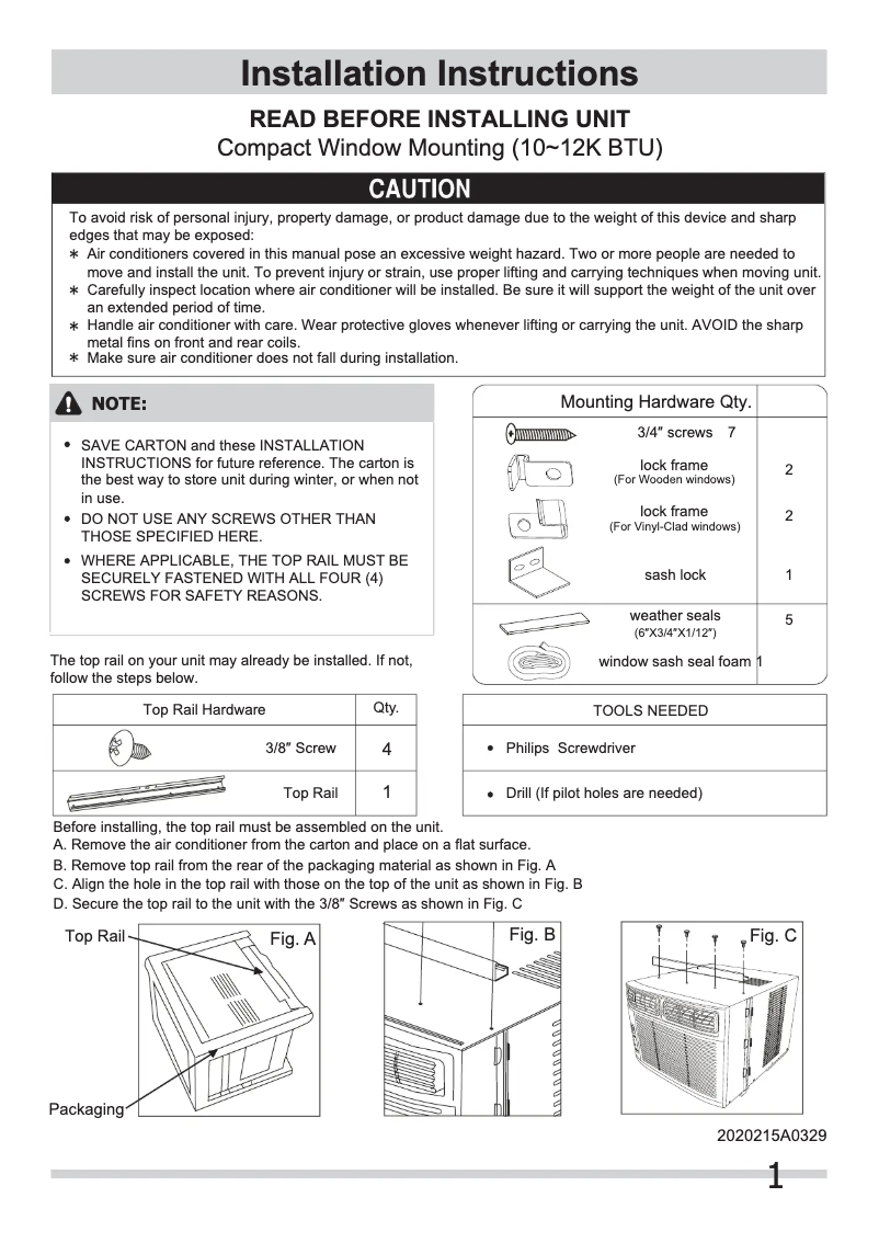 Page 1 de la notice Guide d'installation Frigidaire FRA106CT1