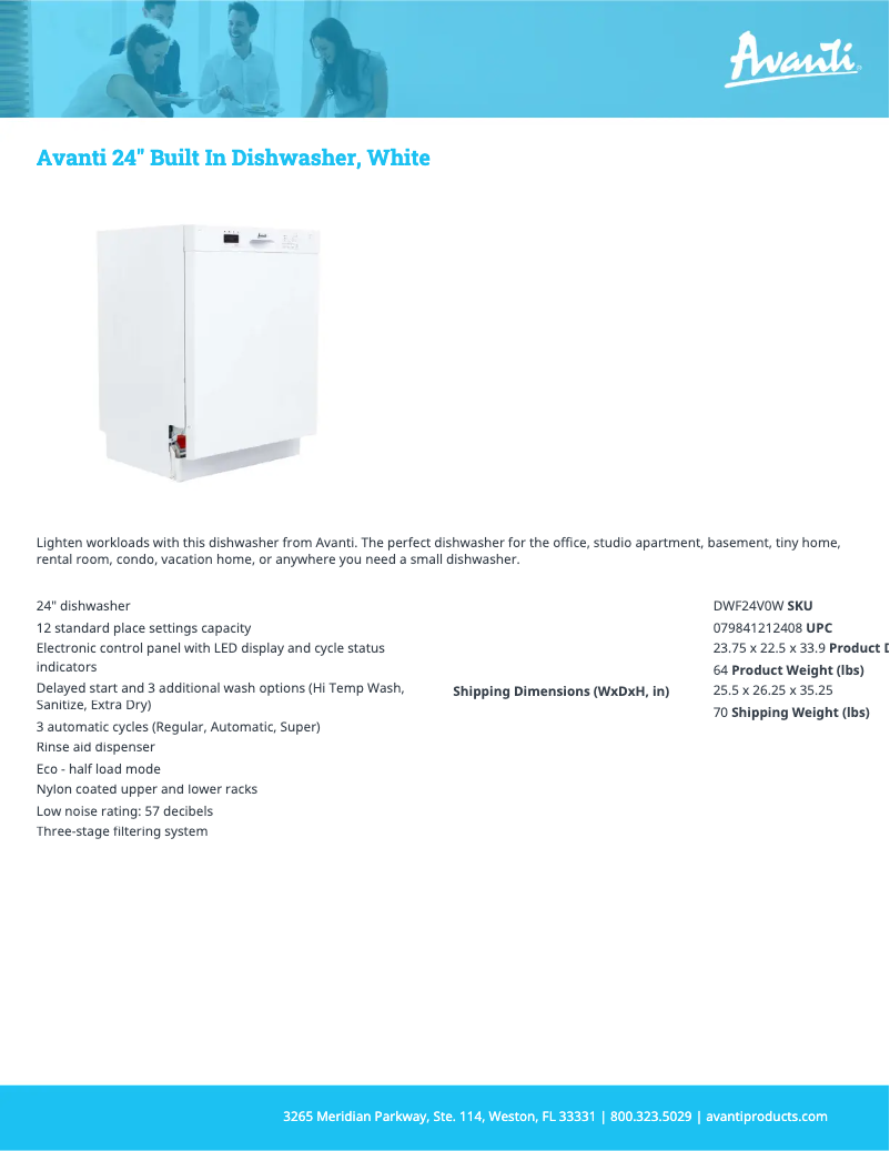 Page 1 de la notice Fiche technique Avanti DWF24V0W