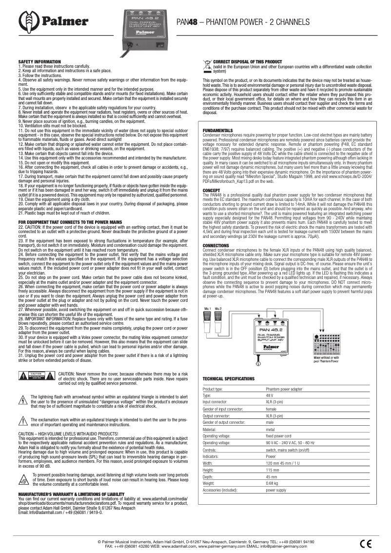 Page 1 de la notice Manuel utilisateur Palmer PAN 48
