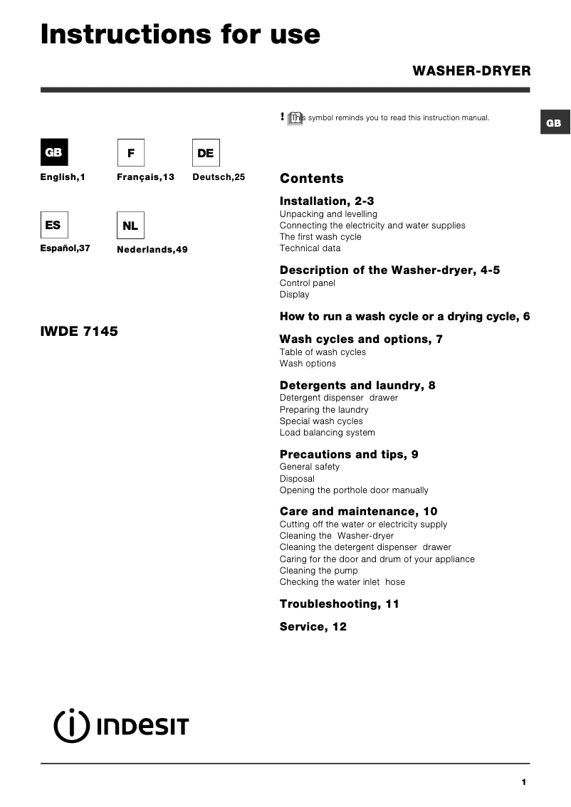 Página 1 del manual Manual de usuario Indesit IWDE 7145