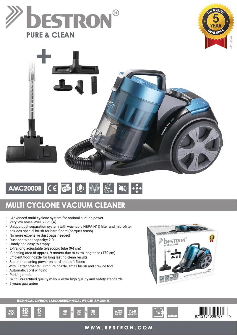 Página 1 del manual Ficha técnica Bestron Pure & Clean AMC2000B