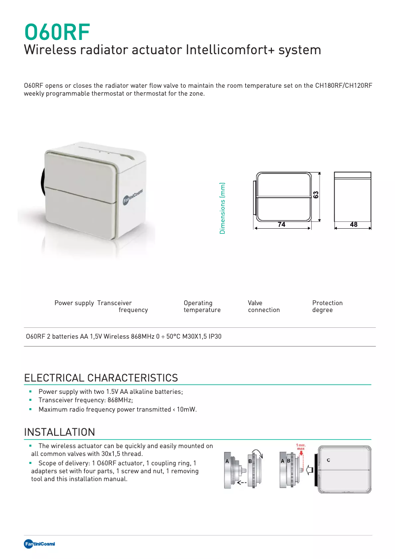 Page 1 de la notice Fiche technique Fantini Cosmi Intellicomfort+