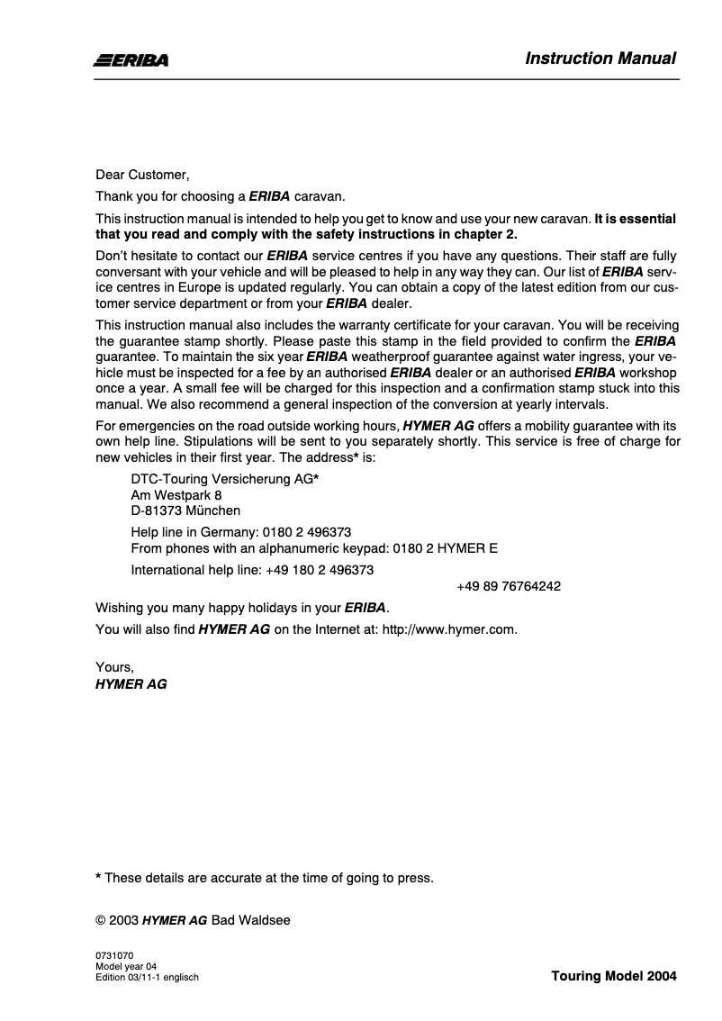 Page 1 de la notice Manuel utilisateur Eriba Familia 320 GT (2004)