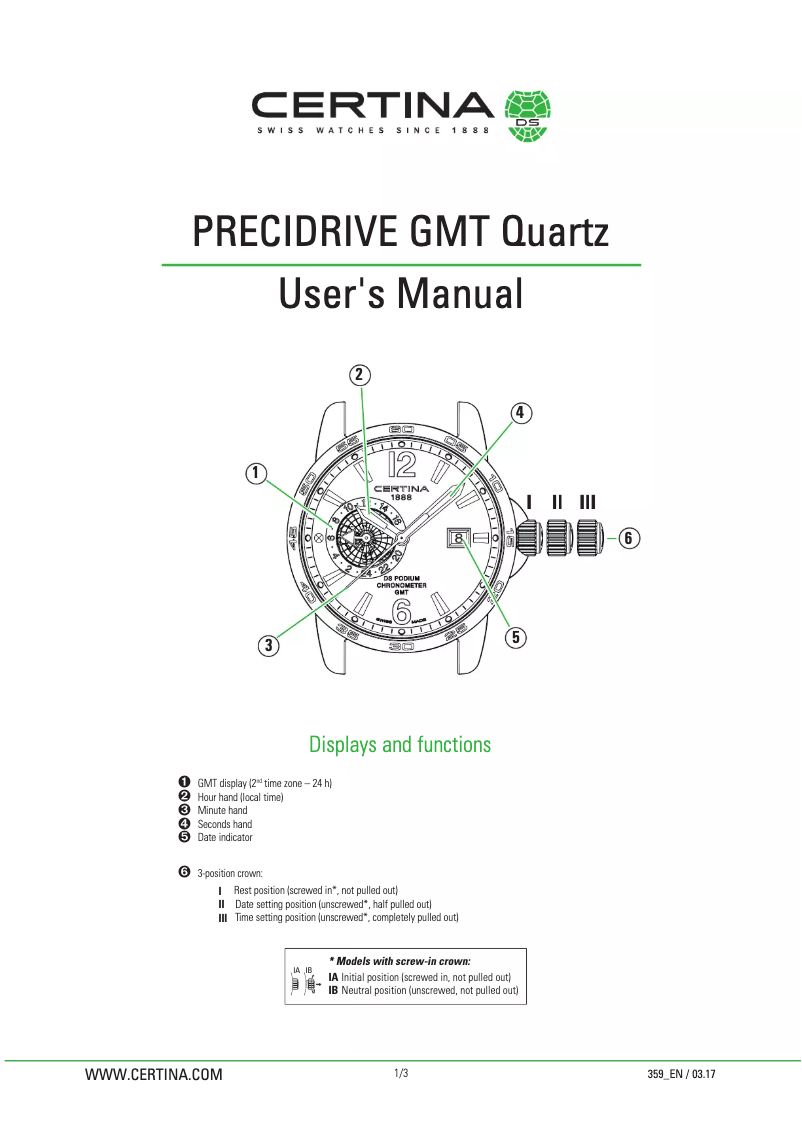 Page 1 de la notice Manuel utilisateur Certina Sport C034.455.16.037.01 DS Podium GMT