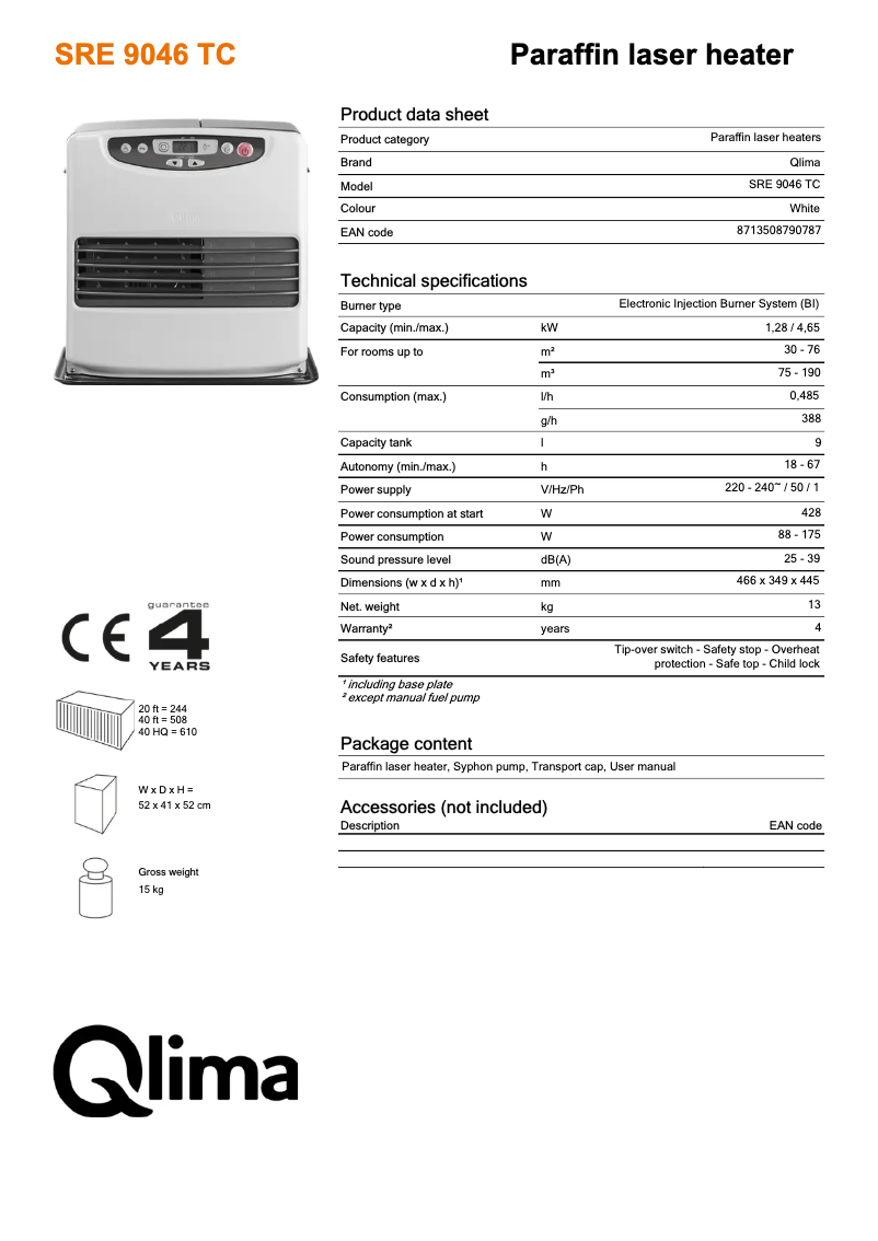 Page 1 de la notice Fiche technique Qlima SRE9046TC
