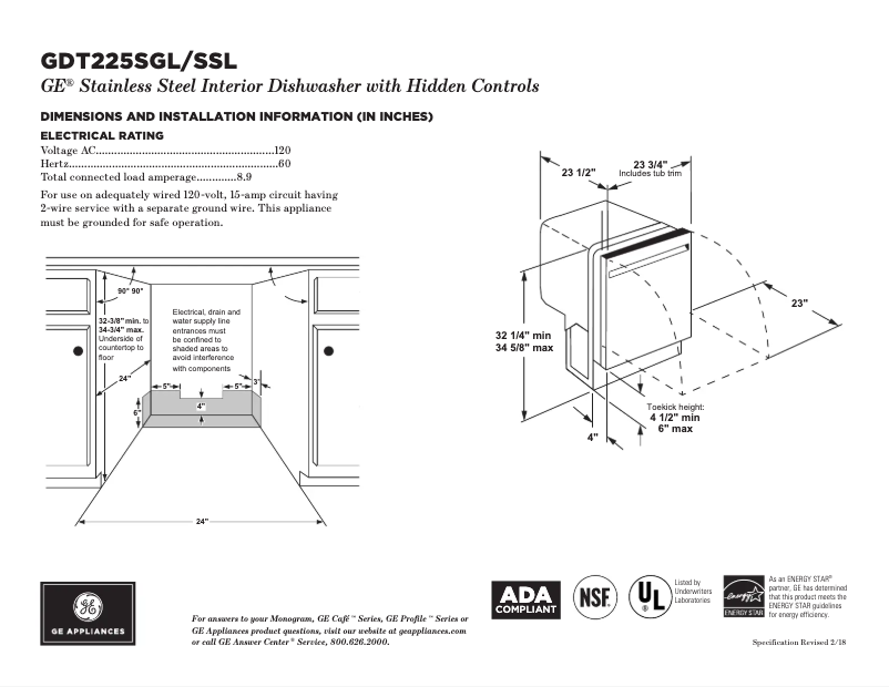 Page 1 of the manual Technical Sheet GE GDT225SGLBB