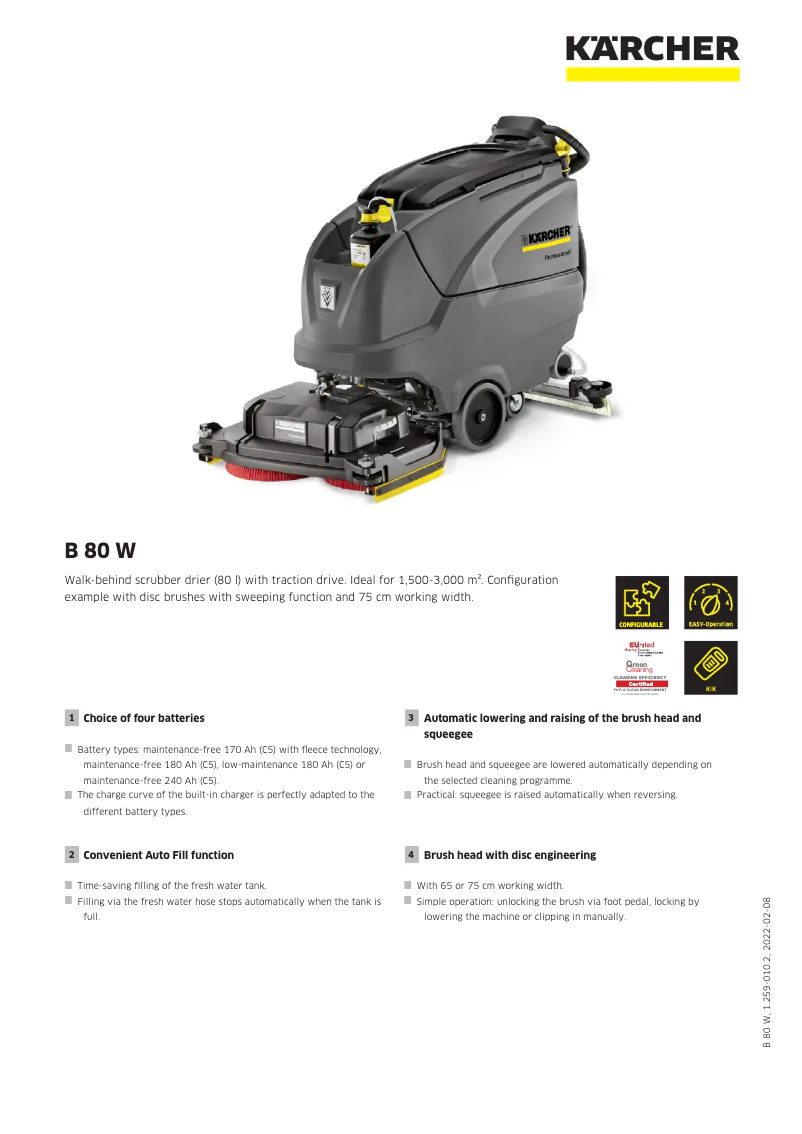 Page 1 de la notice Fiche technique Kärcher B 80 W