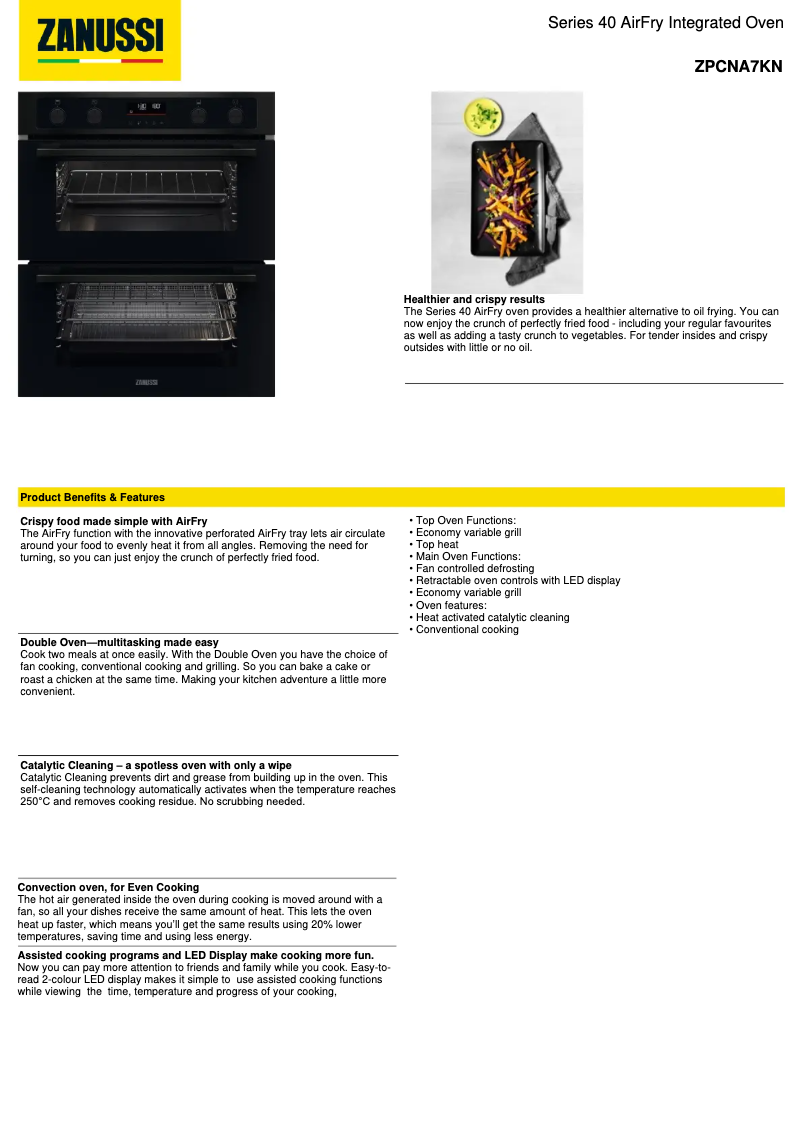 Page 1 de la notice Fiche technique Zanussi ZPCNA7KN