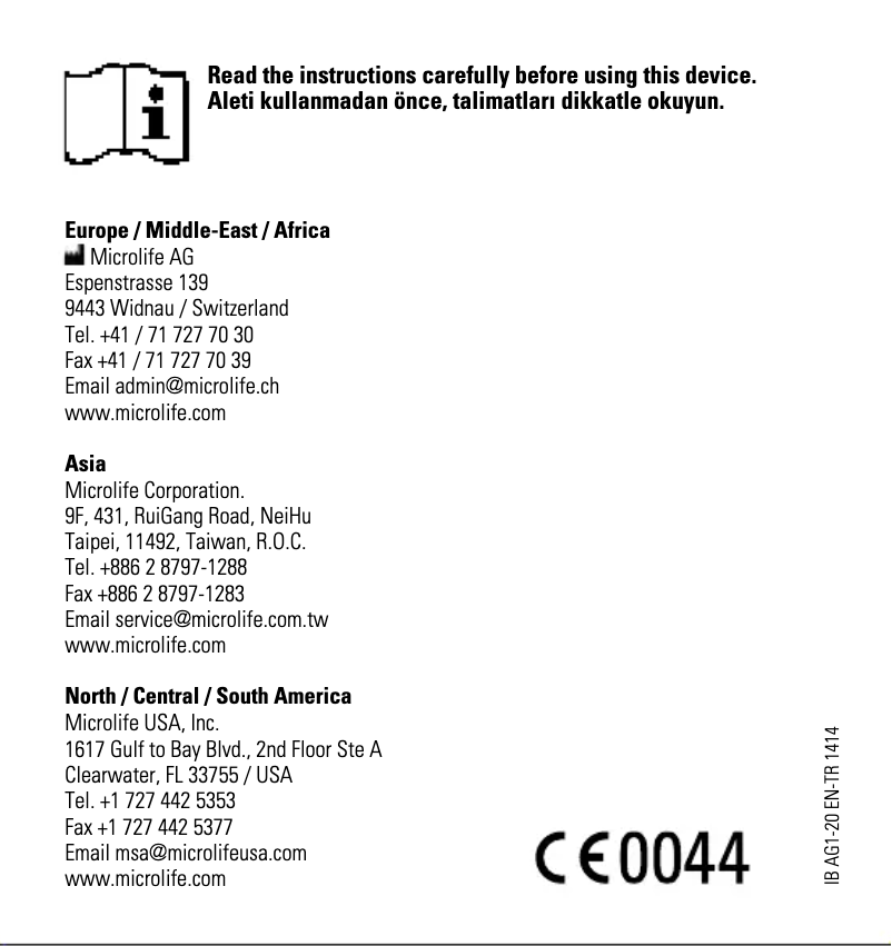 Page 1 de la notice Manuel utilisateur Microlife AG1-20