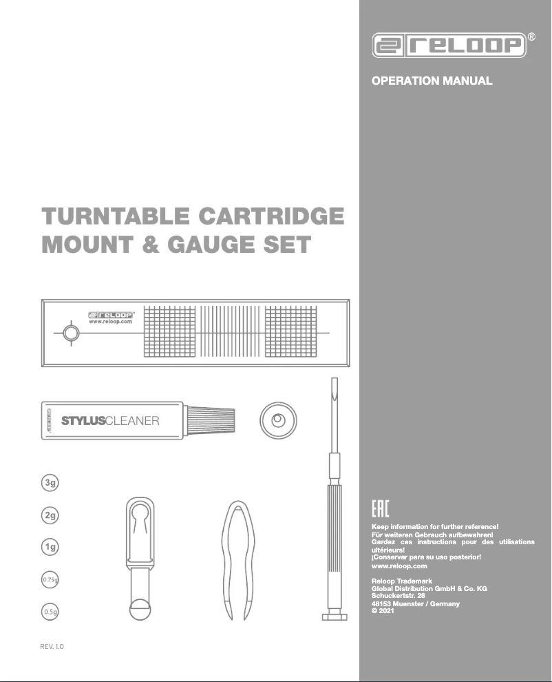 Page 1 de la notice Manuel utilisateur Reloop Turntable Cartridge Mount & Gauge Set