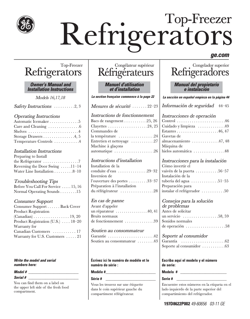 Page n°1 - Manuel utilisateur GE GTH18HBCBB