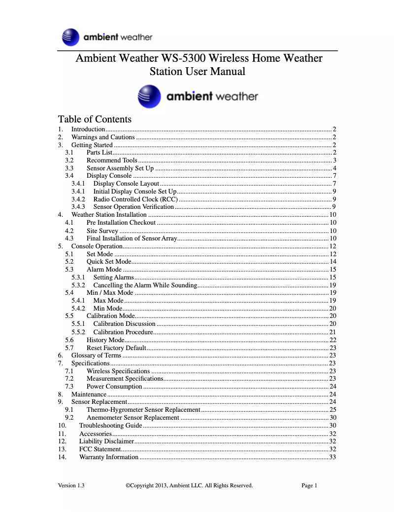 Page 1 de la notice Manuel utilisateur Ambient Weather WS-5300