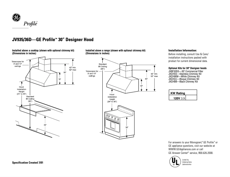 Page 1 of the manual Technical Sheet GE Profile JV935DCC