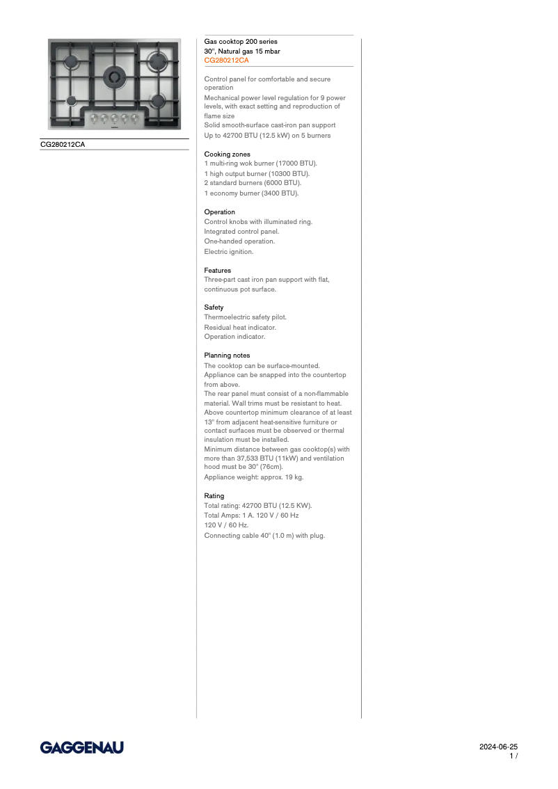 Page 1 de la notice Fiche technique Gaggenau CG280212CA