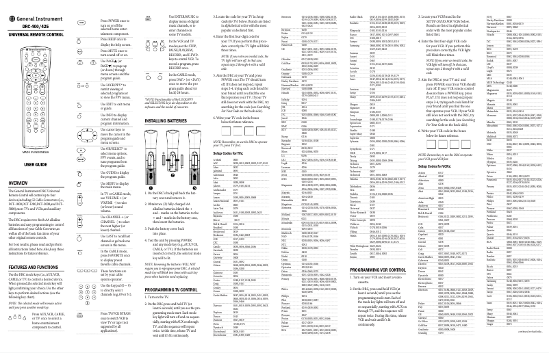 Page 1 de la notice Manuel utilisateur General Instrument DRC-400