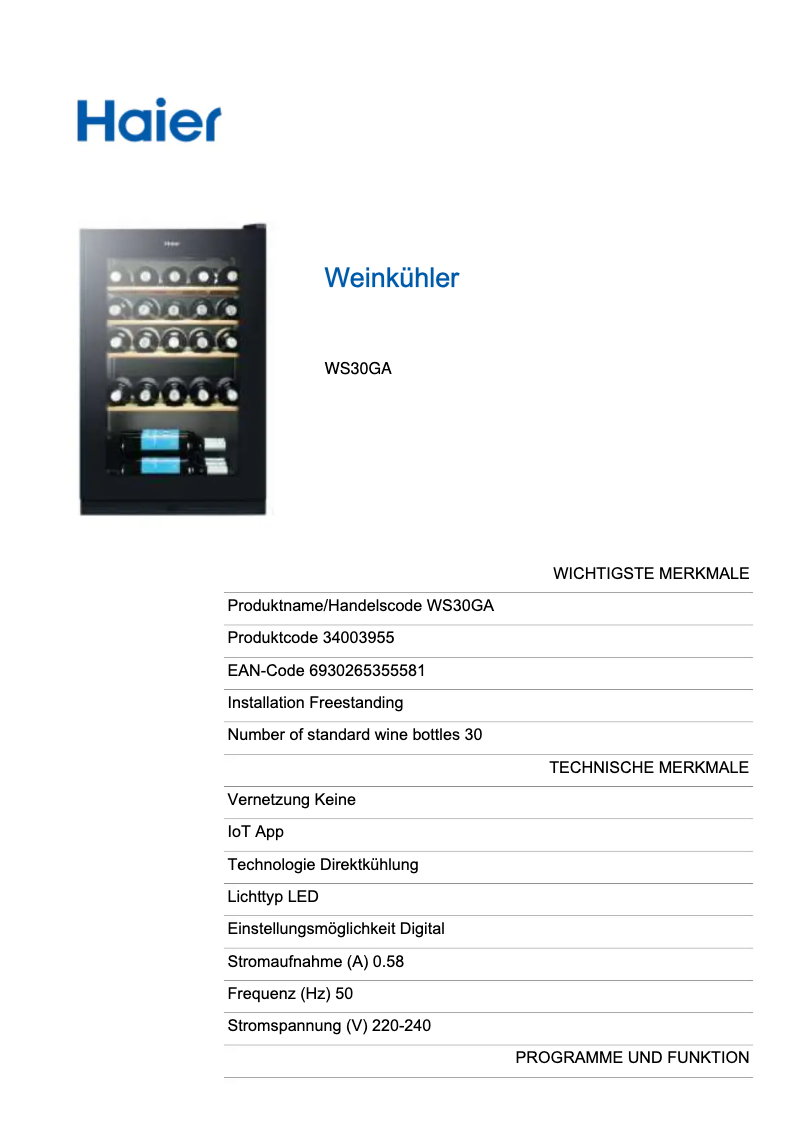 Página 1 del manual Etiqueta energética Haier WS30GA